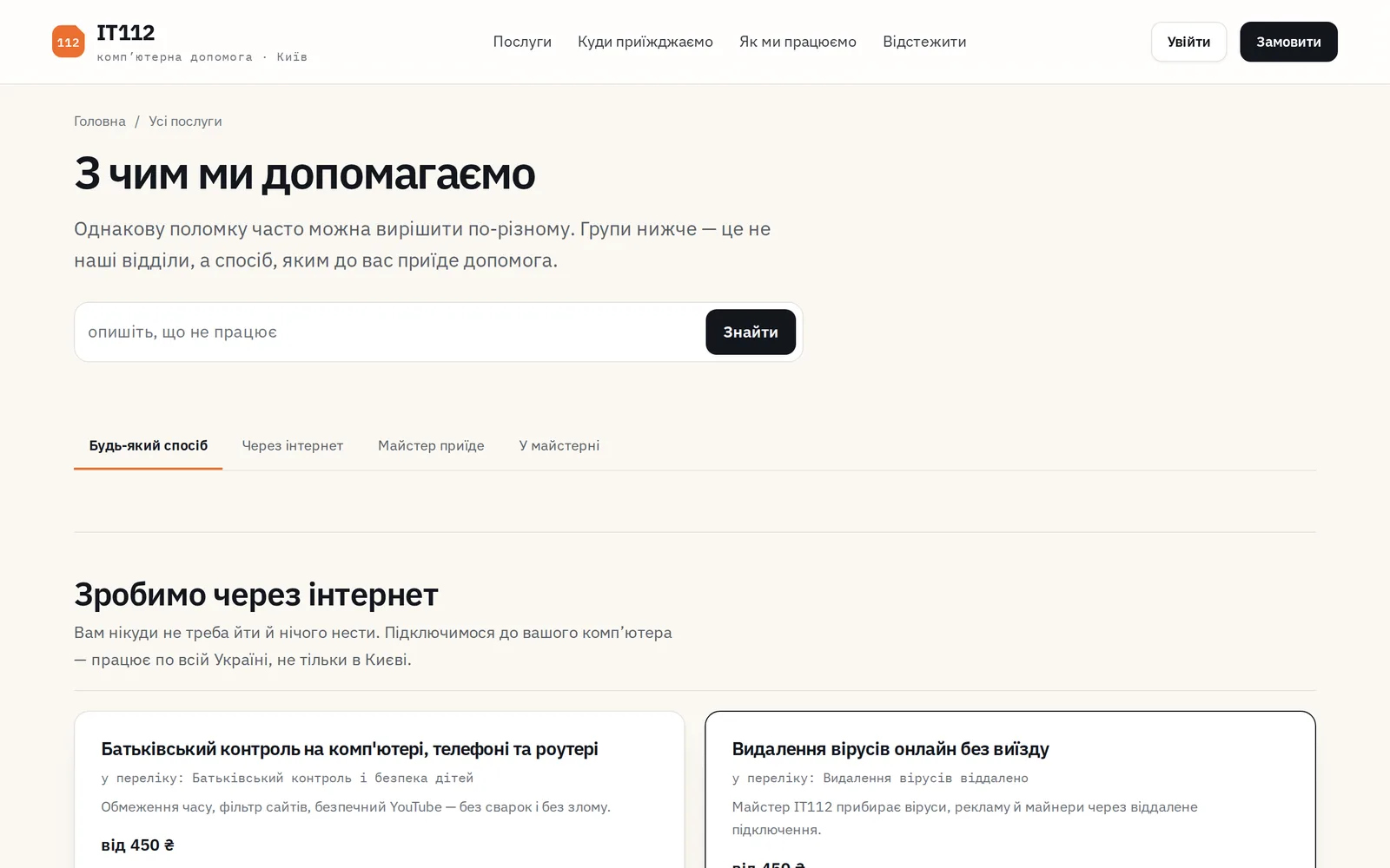 IT112 — каталог послуг, згрупований за способом допомоги